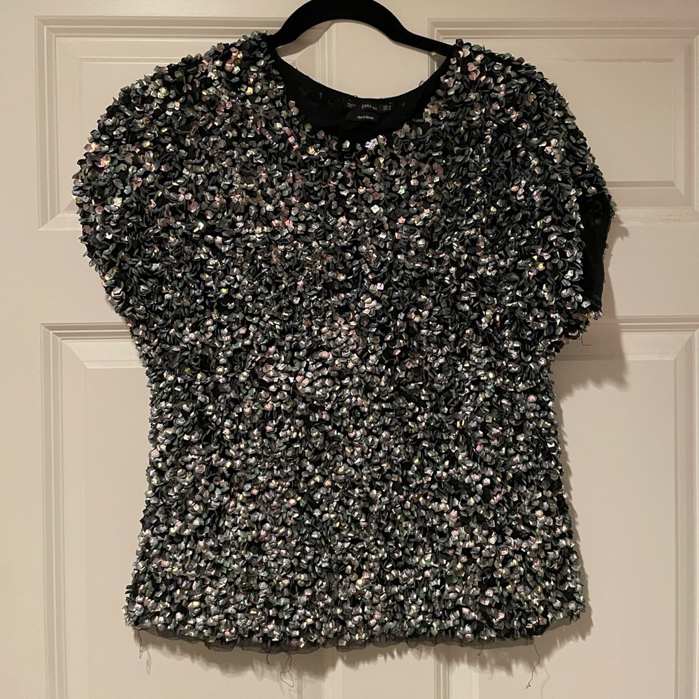 Zara Knit Sequin Short Sleeved Top - size M